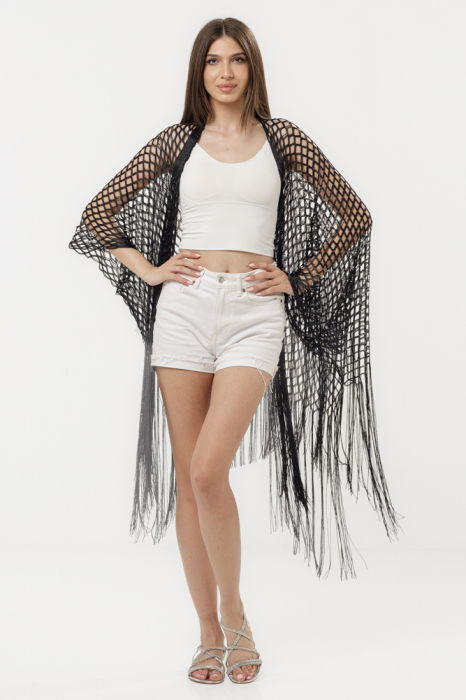 Poncho negru din plasa cu fir metalizat si franjuri lungi [3]