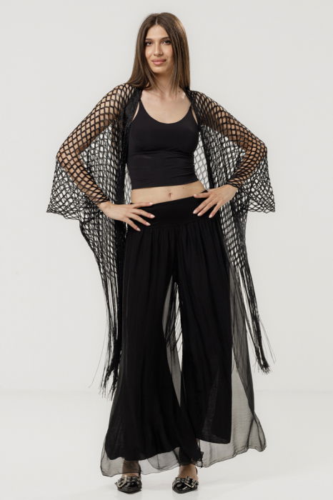 Poncho negru din plasa cu fir metalizat si franjuri lungi [2]