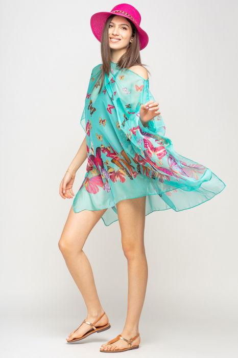 Rochie de plaja tip poncho cu fluturi pe fond turcoaz, vascoza si matase [6]