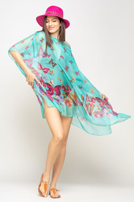Rochie de plaja tip poncho cu fluturi pe fond turcoaz, vascoza si matase [2]