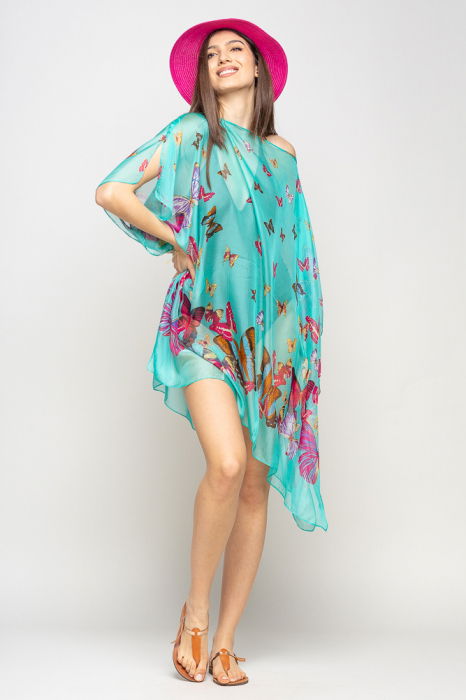 Rochie de plaja tip poncho cu fluturi pe fond turcoaz, vascoza si matase [3]
