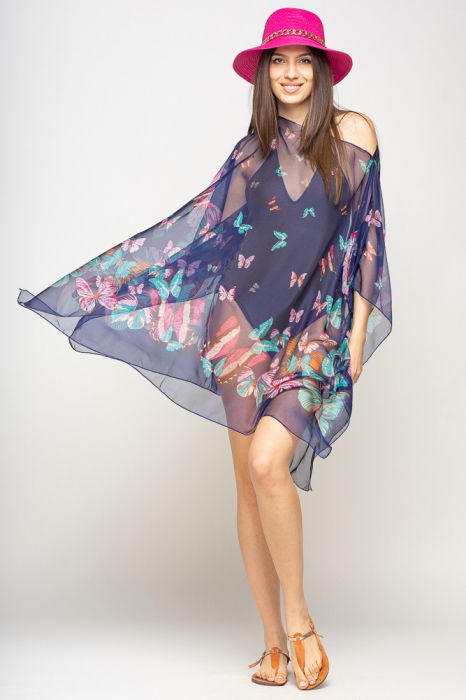 Rochie de plaja tip poncho cu fluturi pe fond bleumarin, matase si vascoza [5]