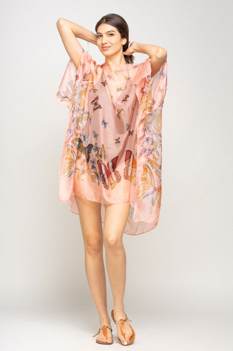 Rochie de plaja tip poncho cu fluturi pe fond roz, matase si vascoza [2]