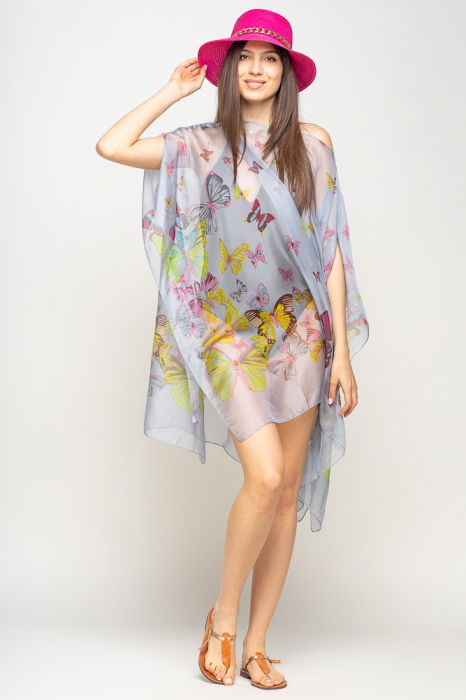Rochie de plaja tip poncho cu fluturi pe fond gri deschis, vascoza [4]