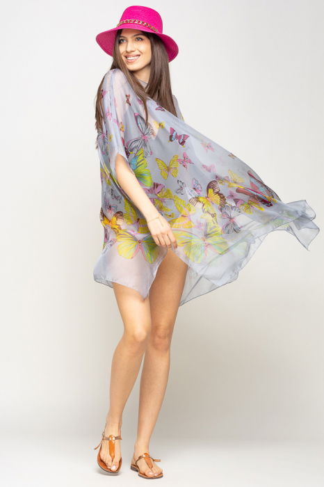 Rochie de plaja tip poncho cu fluturi pe fond gri deschis, vascoza [2]