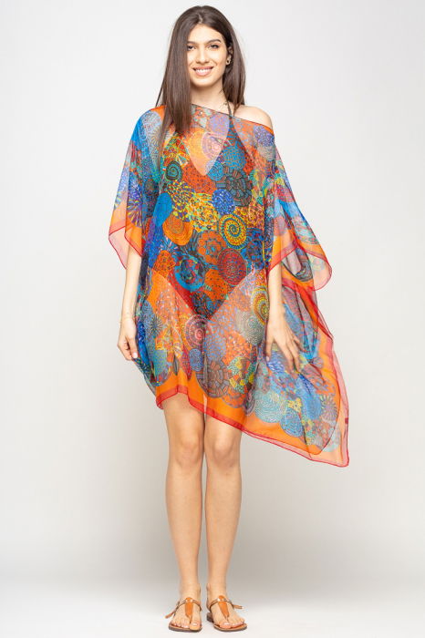 Rochie de plaja tip poncho cu mandale multicolore si margine rosie cu portocaliu, matase si vascoza [3]