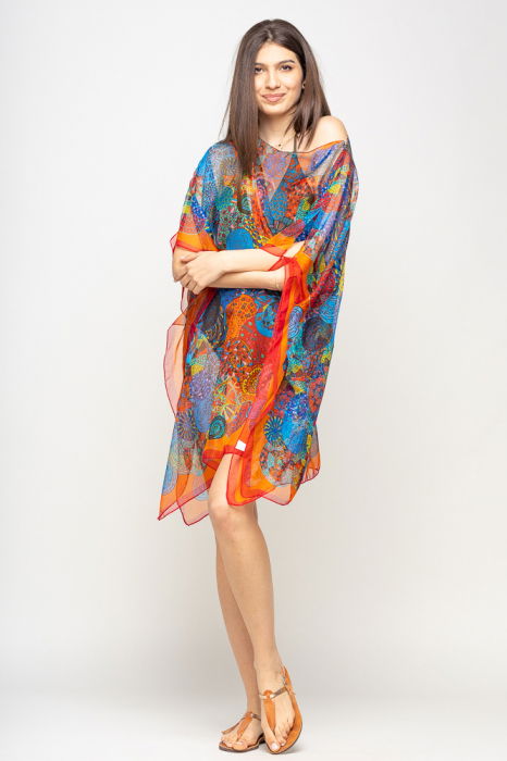 Rochie de plaja tip poncho cu mandale multicolore si margine rosie cu portocaliu, matase si vascoza [5]