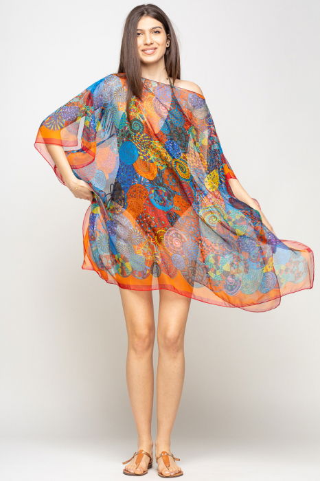 Rochie de plaja tip poncho cu mandale multicolore si margine rosie cu portocaliu, matase si vascoza [4]