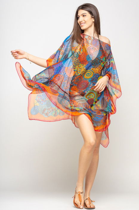Rochie de plaja tip poncho cu mandale multicolore si margine rosie cu portocaliu, matase si vascoza [2]