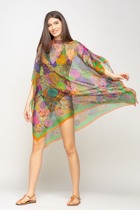 Rochie de plaja tip poncho cu mandale multicolore si margine portocalie cu verde, matase si vascoza [3]