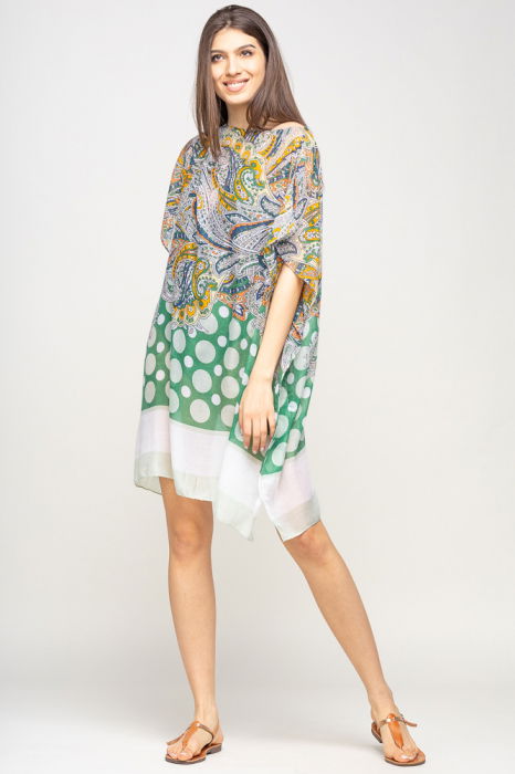 Rochie de plaja tip poncho cu motive florale si buline alb cu verde, vascoza [3]