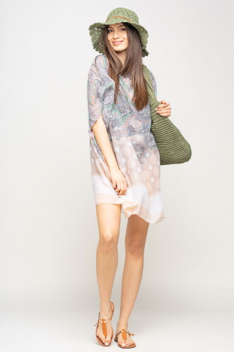 Rochie de plaja tip poncho cu motive florale si buline bej, vascoza