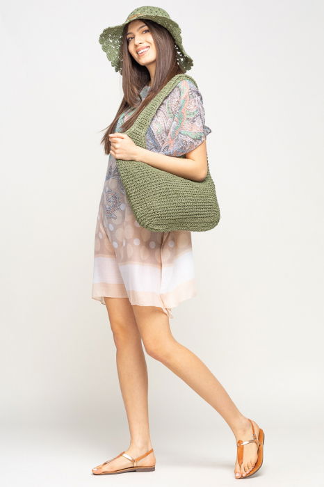 Rochie de plaja tip poncho cu motive florale si buline bej, vascoza [5]