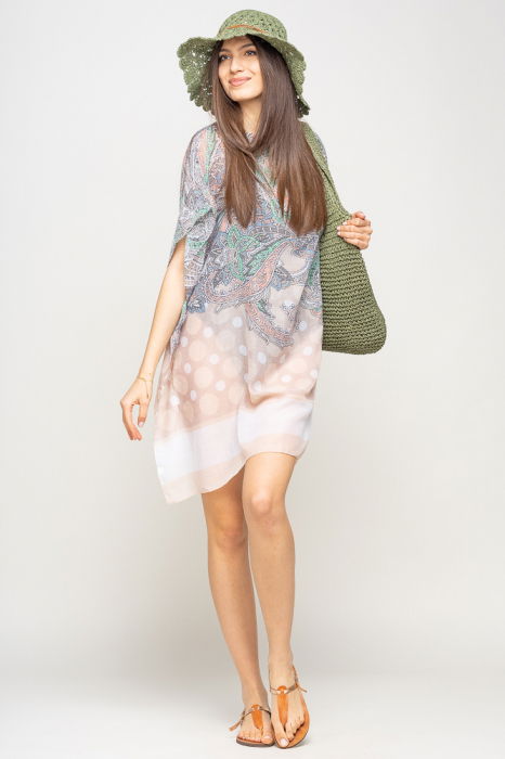 Rochie de plaja tip poncho cu motive florale si buline bej, vascoza [4]