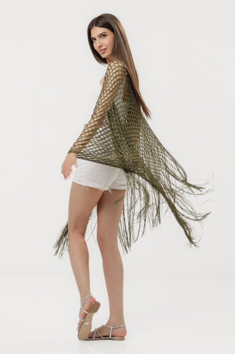 Poncho kaki din plasa cu fir auriu si franjuri lungi
