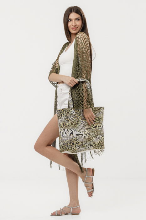 Poncho kaki din plasa cu fir auriu si franjuri lungi [9]