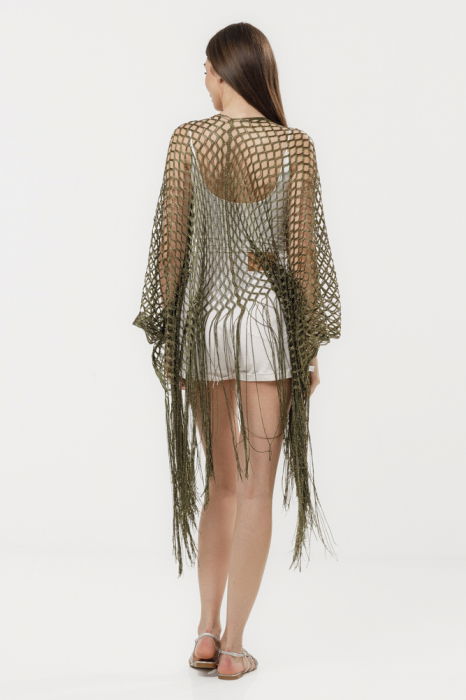 Poncho kaki din plasa cu fir auriu si franjuri lungi [3]