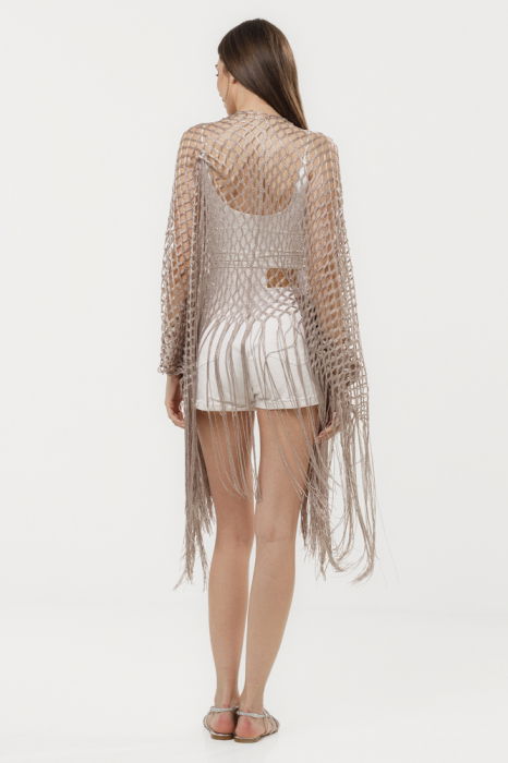 Poncho bej fango din plasa cu fir argintiu si franjuri lungi [4]