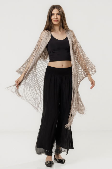 Poncho bej fango din plasa cu fir argintiu si franjuri lungi [7]