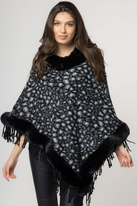 Poncho animal print negru, de oras tivit cu blana