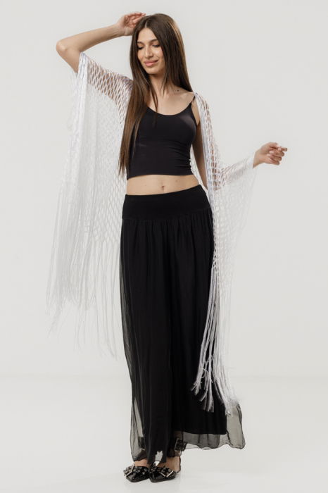 Poncho alb din plasa cu fir argintiu si franjuri lungi [4]