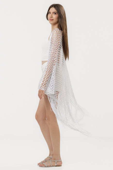 Poncho alb din plasa cu fir argintiu si franjuri lungi [8]