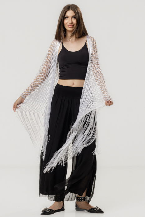 Poncho alb din plasa cu fir argintiu si franjuri lungi [3]