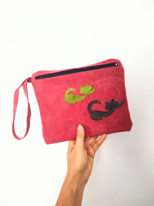 Portfard din piele naturală roșie ,cu pisicuțe , unicat [2]