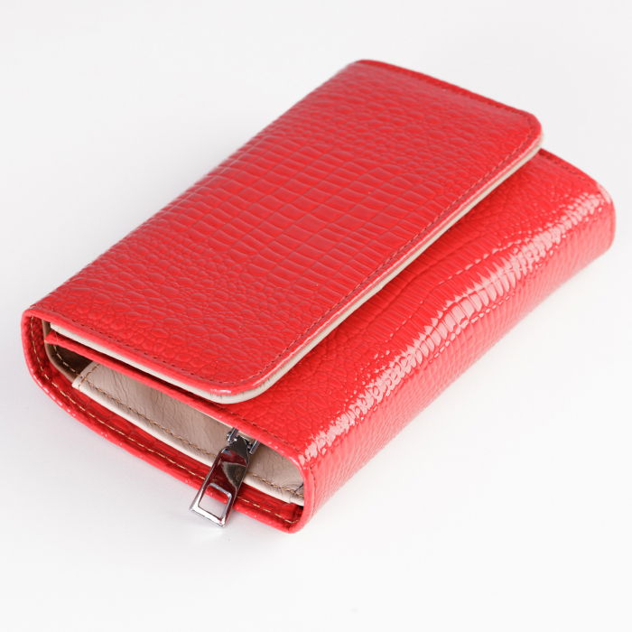 Portofel din piele naturala lucioasa, cu aspect piele de sarpe si capse interioare, rosu [2]