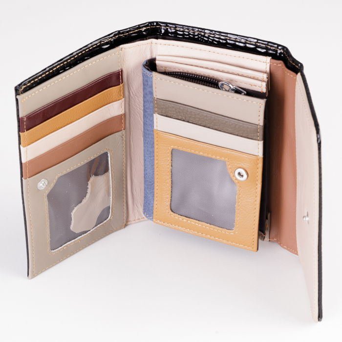 Portofel din piele naturala lucioasa, cu aspect piele de sarpe si capse interioare, negru [3]