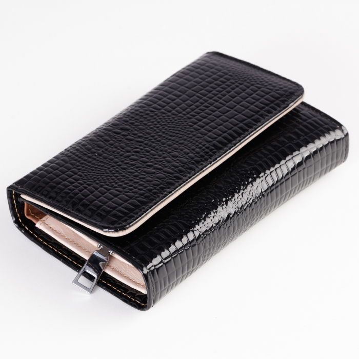 Portofel din piele naturala lucioasa, cu aspect piele de sarpe si capse interioare, negru [2]