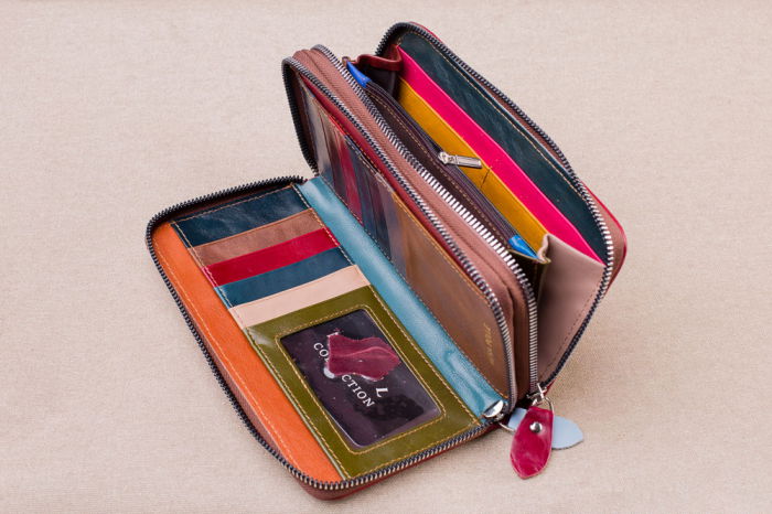Portofel multicolor din piele naturala impletita, cu doua fermoare [4]