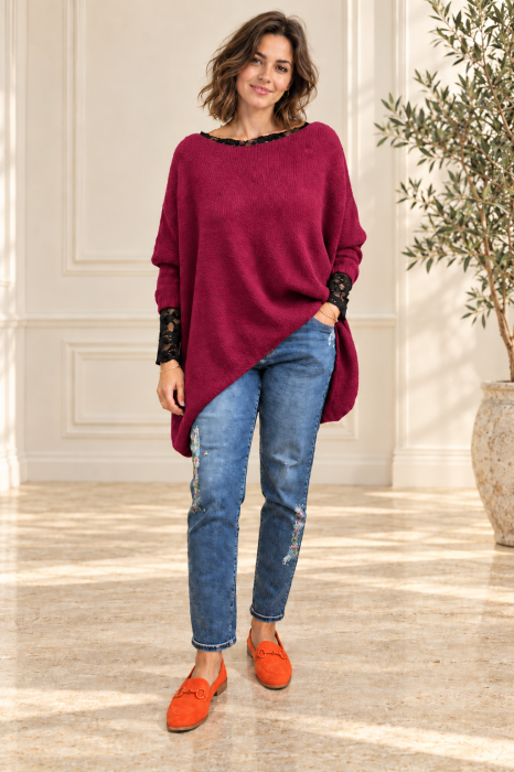 Pulover asimetric, oversize cu maneca cazuta, bordo — Colecție Damă, Pulovere și cardigane