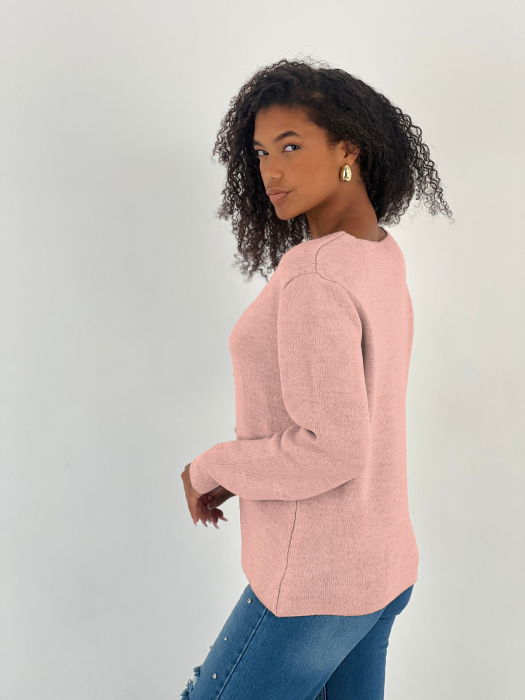 Pulover roz, moale si fin cu trei nasturi mari aurii, oversize [3]