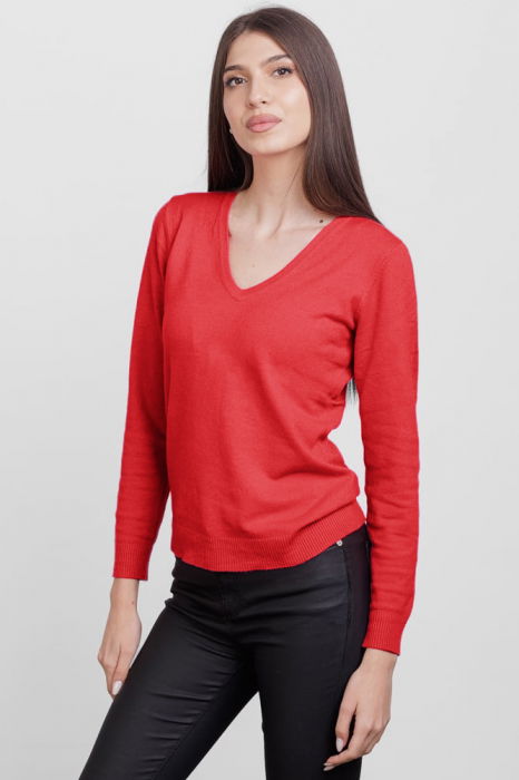 Pulover cu decolteu V, din vascoza, rosu [2]