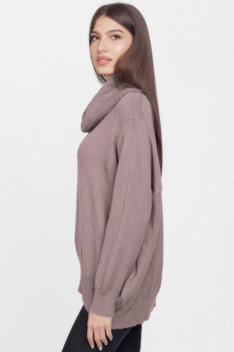Pulover cu guler inalt elegant, din vascoza si lana, bej inchis [2]
