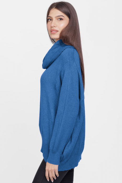 Pulover cu guler inalt elegant, din vascoza si lana, albastru [2]