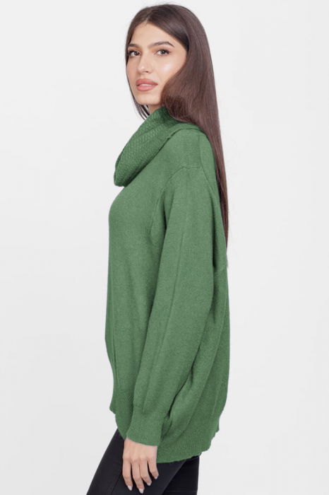 Pulover cu guler inalt elegant, din vascoza si lana, verde [2]