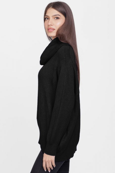 Pulover cu guler inalt elegant, din vascoza si lana, negru [2]
