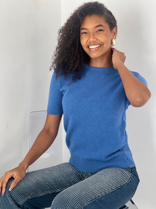 Pulover moale si fin cu maneca scurta, la baza gatului, bleu [2]