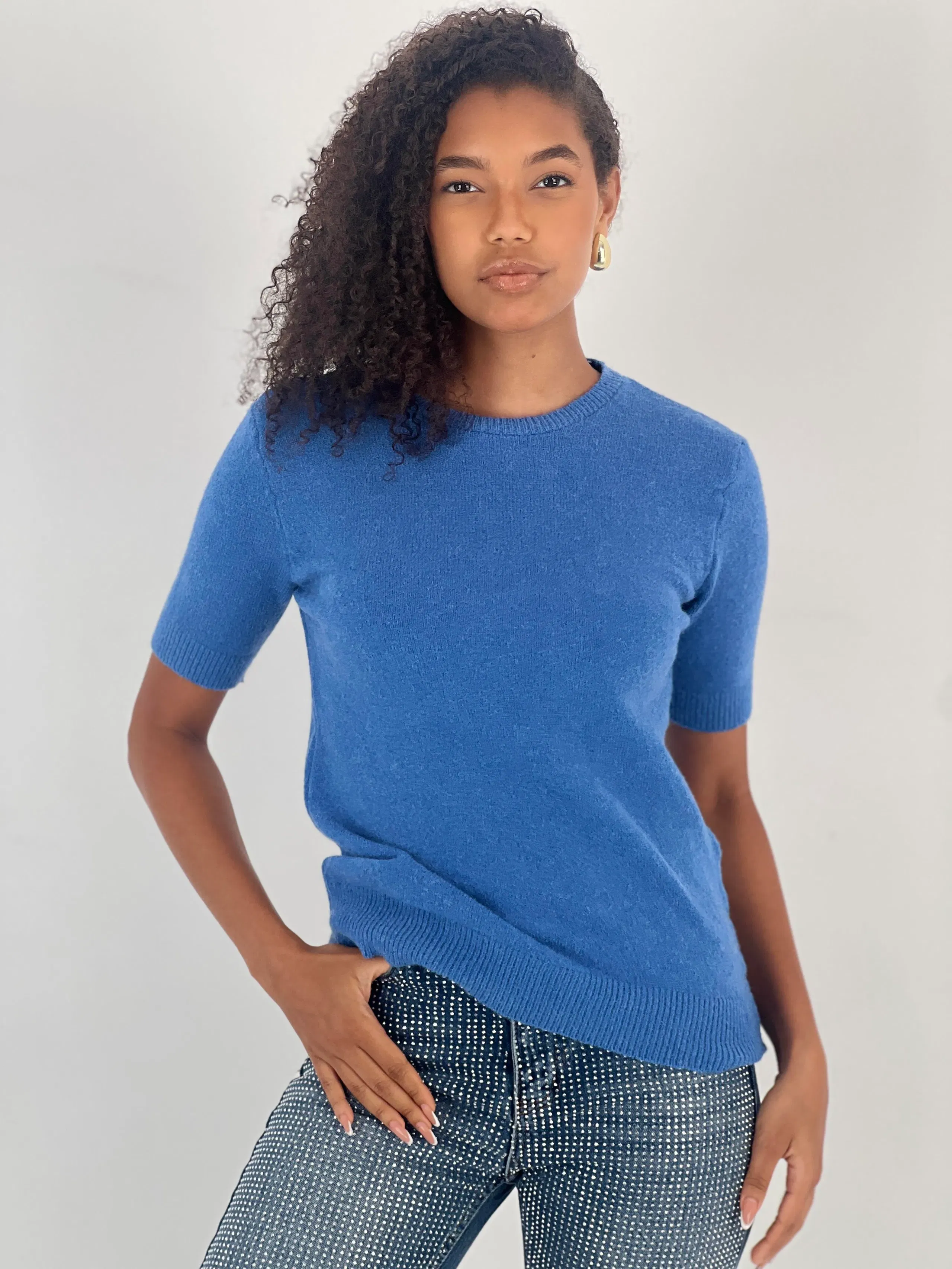 Pulover moale si fin cu maneca scurta, la baza gatului, bleu [5]