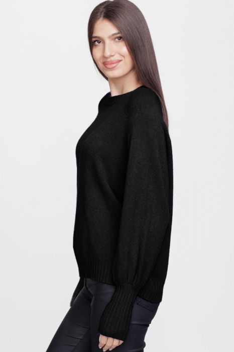 Pulover cu maneci bufante din vascoza si lana, negru [2]