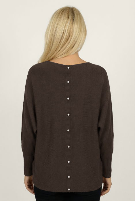 Pulover cu maneci fluture si perlute fine pe spate din vascoza, maro [2]