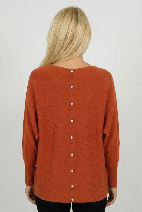 Pulover cu maneci fluture si perlute fine pe spate din vascoza, caramiziu [3]