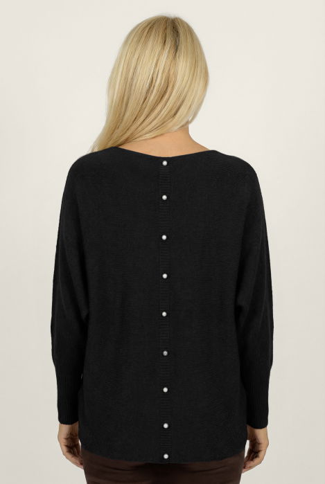 Pulover cu maneci fluture si perlute fine pe spate din vascoza, negru [2]