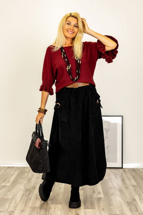 Pulover cu maneci scurte si volane la mansete din vascoza, bordo [3]