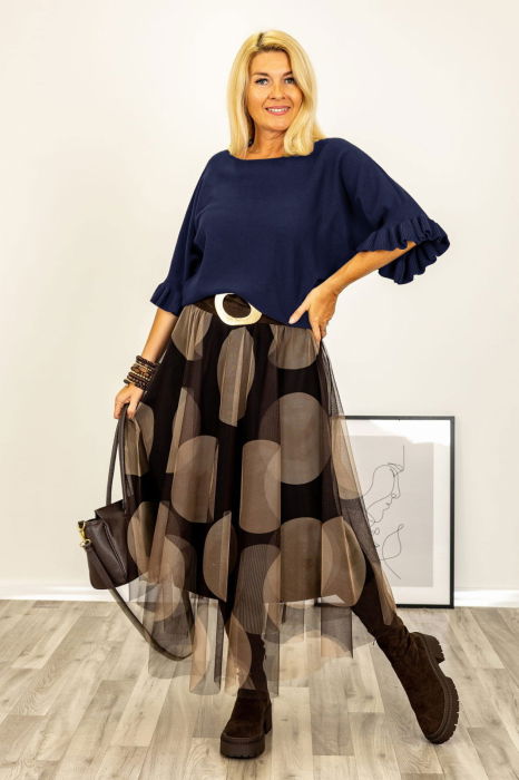 Pulover cu maneci scurte si volane la mansete din vascoza, bleumarin [2]