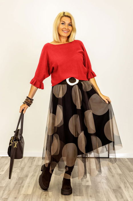 Pulover cu maneci scurte si volane la mansete din vascoza, rosu [1]