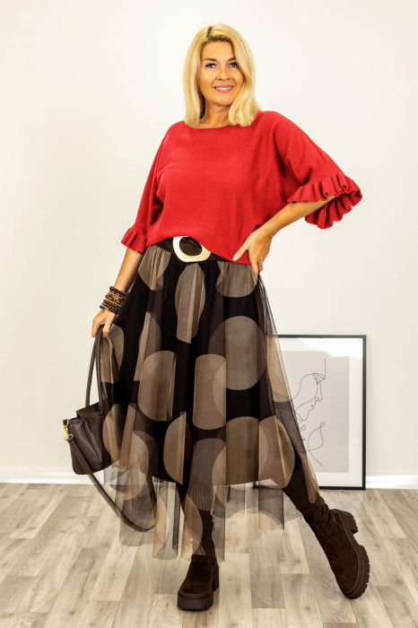 Pulover cu maneci scurte si volane la mansete din vascoza, rosu [2]