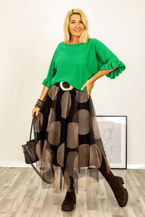 Pulover cu maneci scurte si volane la mansete din vascoza, verde [2]